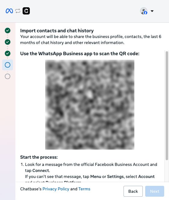 The Import contacts and chat history screen with a QR code