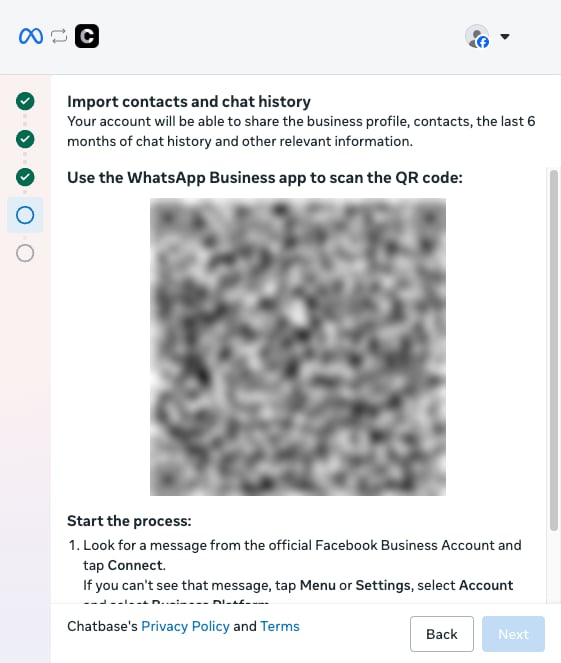 The Import contacts and chat history screen with a QR code