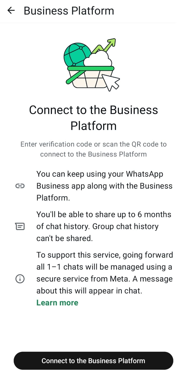 The Connect to the Business Platform screen in the WhatsApp Business app