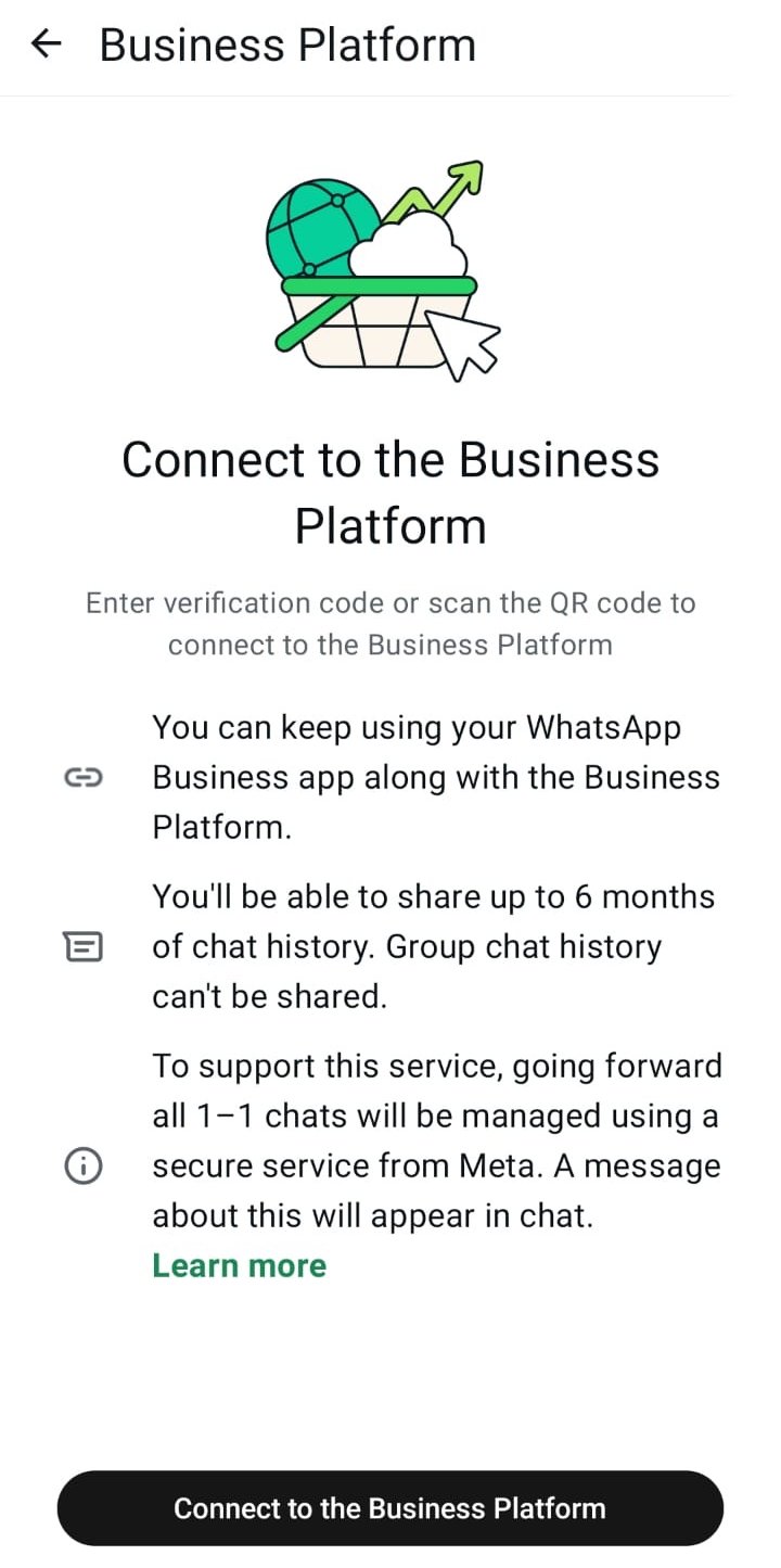 The Connect to the Business Platform screen in the WhatsApp Business app