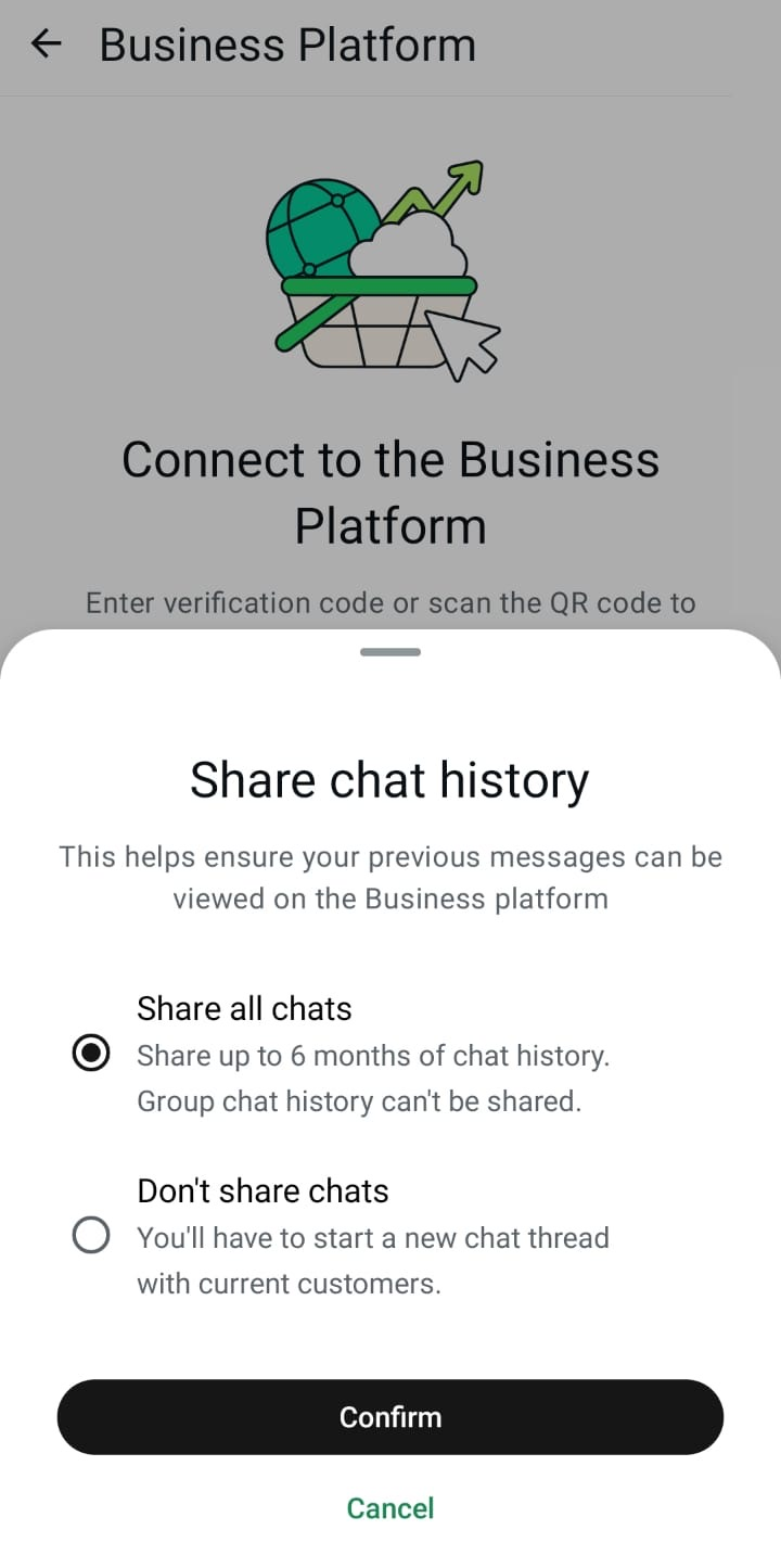 The Share chat history options in the WhatsApp Business app