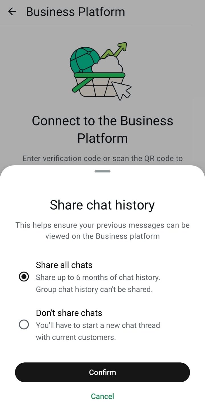 The Share chat history options in the WhatsApp Business app