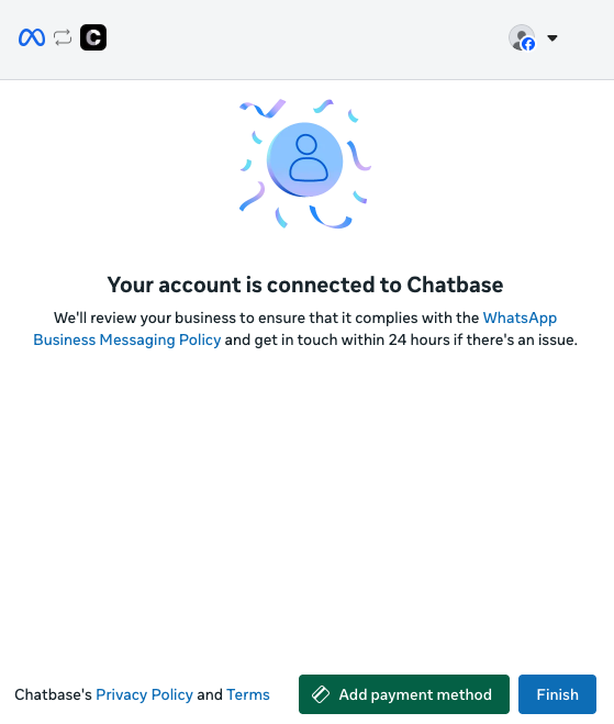 The Your account is connected to Chatbase screen