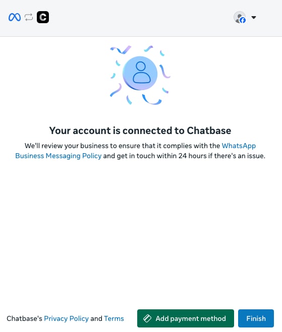 The Your account is connected to Chatbase screen