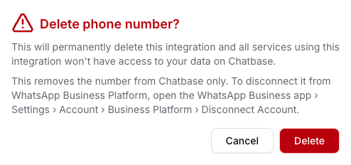 The delete dialog for a WhatsApp Business app number