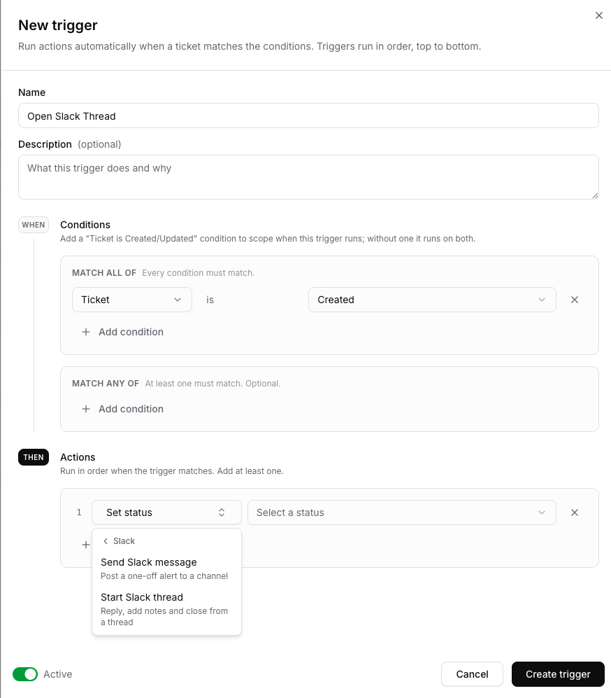 Action picker with Start Slack thread under the Slack group