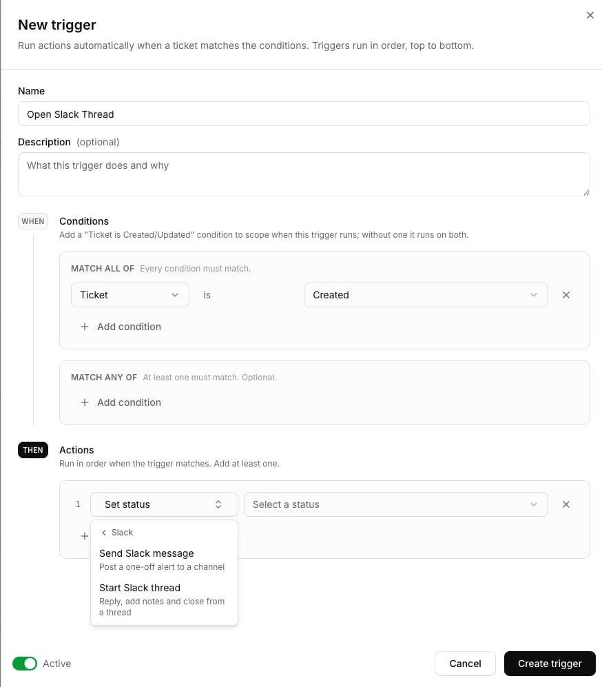 Action picker with Start Slack thread under the Slack group