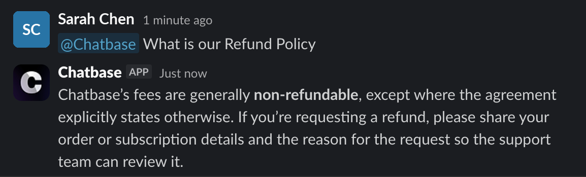A teammate asks @Chatbase a question in a ticket thread and the AI agent answers