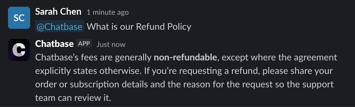 A teammate asks @Chatbase a question in a ticket thread and the AI agent answers