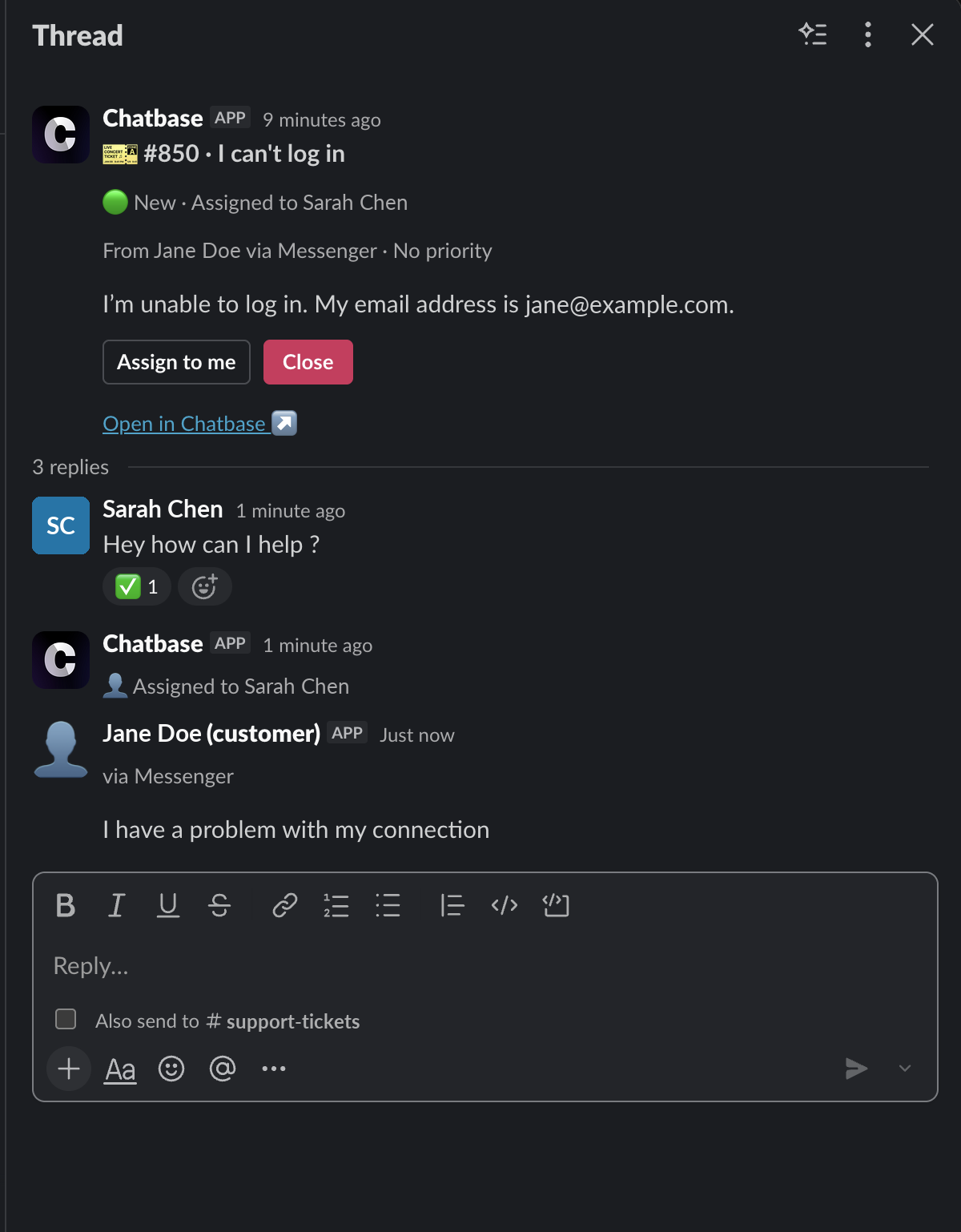 A Chatbase ticket card in Slack with its thread open, showing the customer's message and a teammate's reply