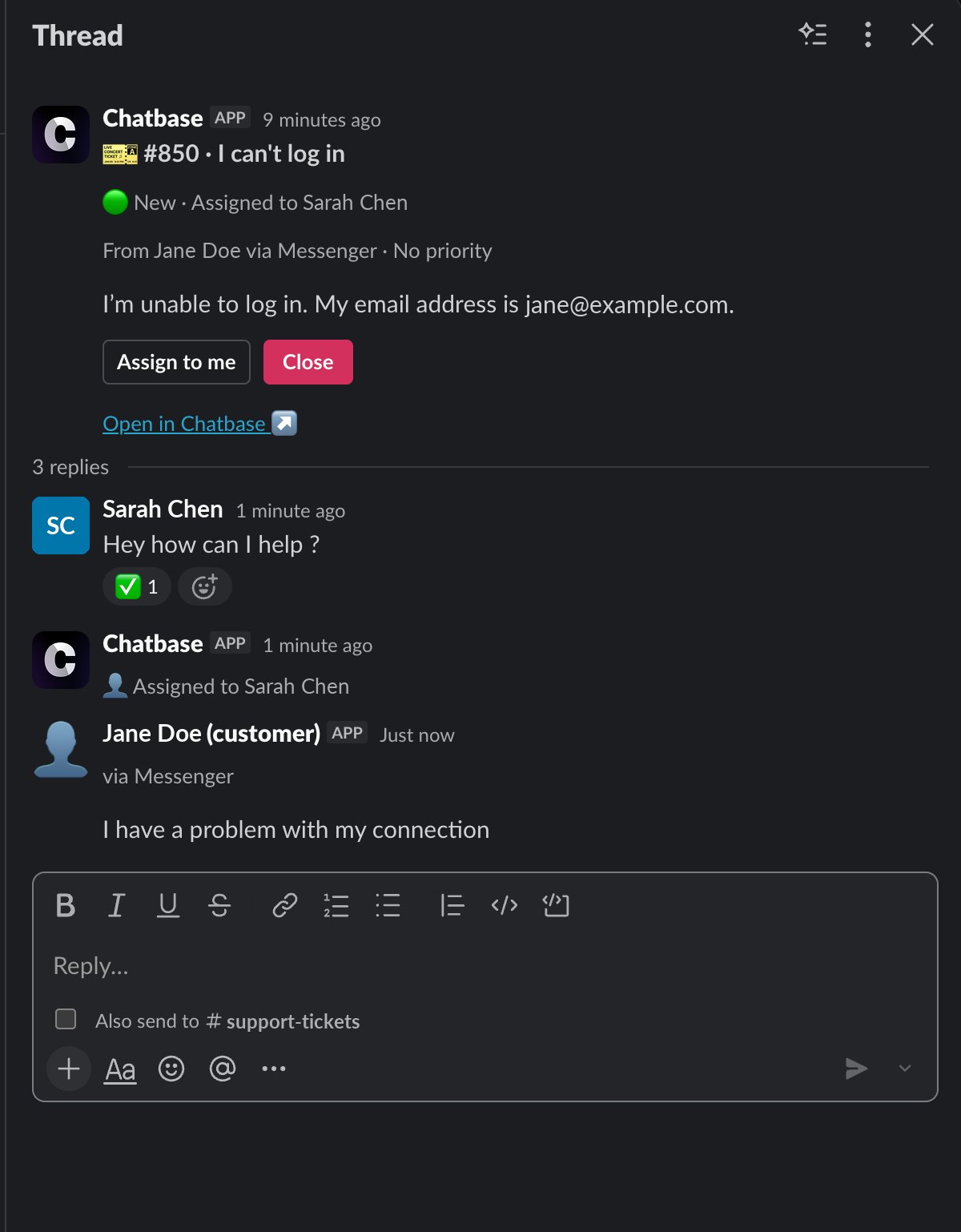 A Chatbase ticket card in Slack with its thread open, showing the customer's message and a teammate's reply