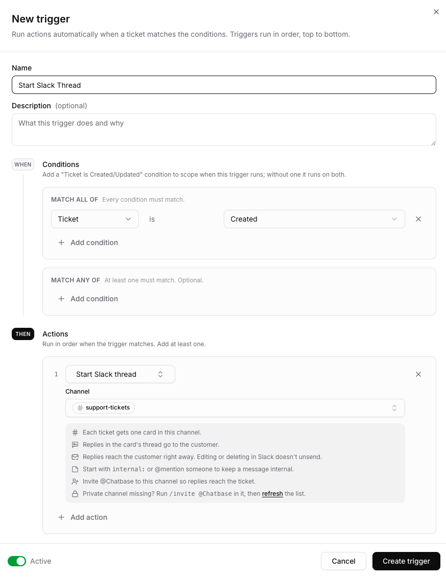 Start Slack thread action with a channel selected and setup tips below