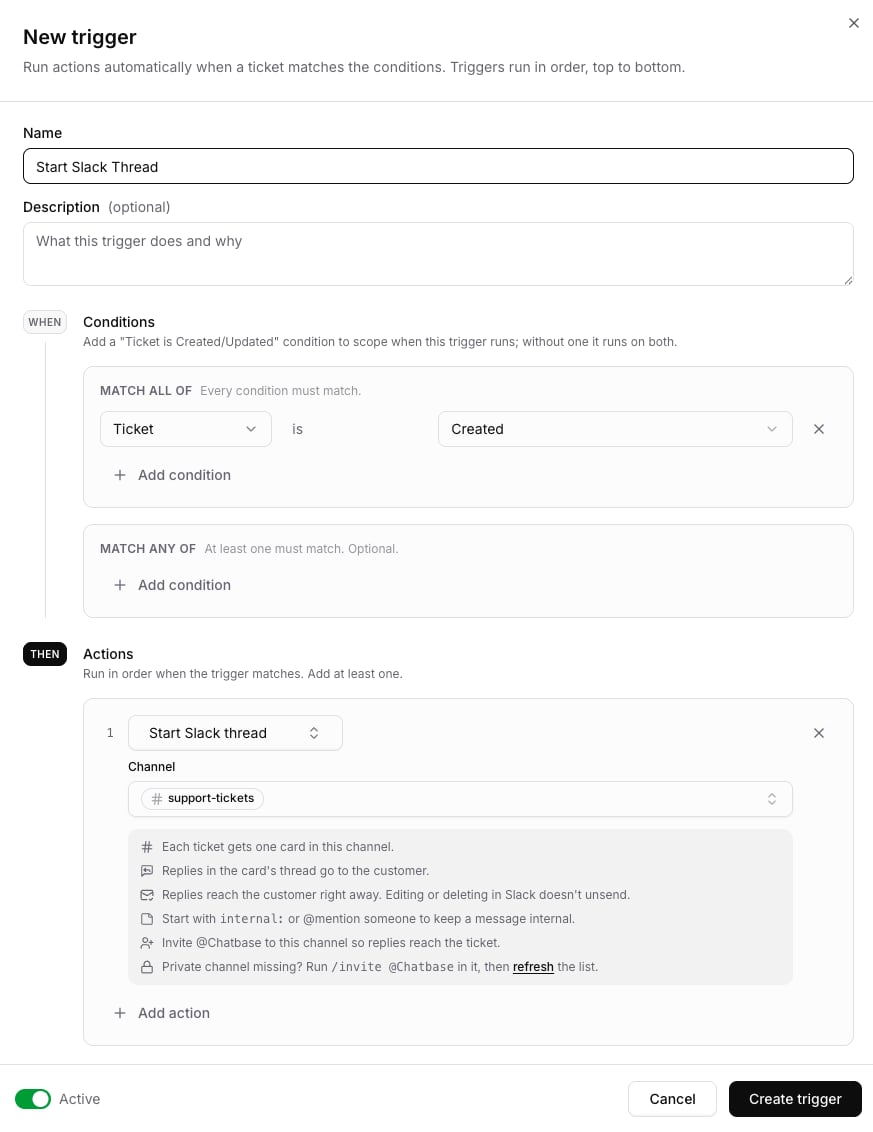Start Slack thread action with a channel selected and setup tips below