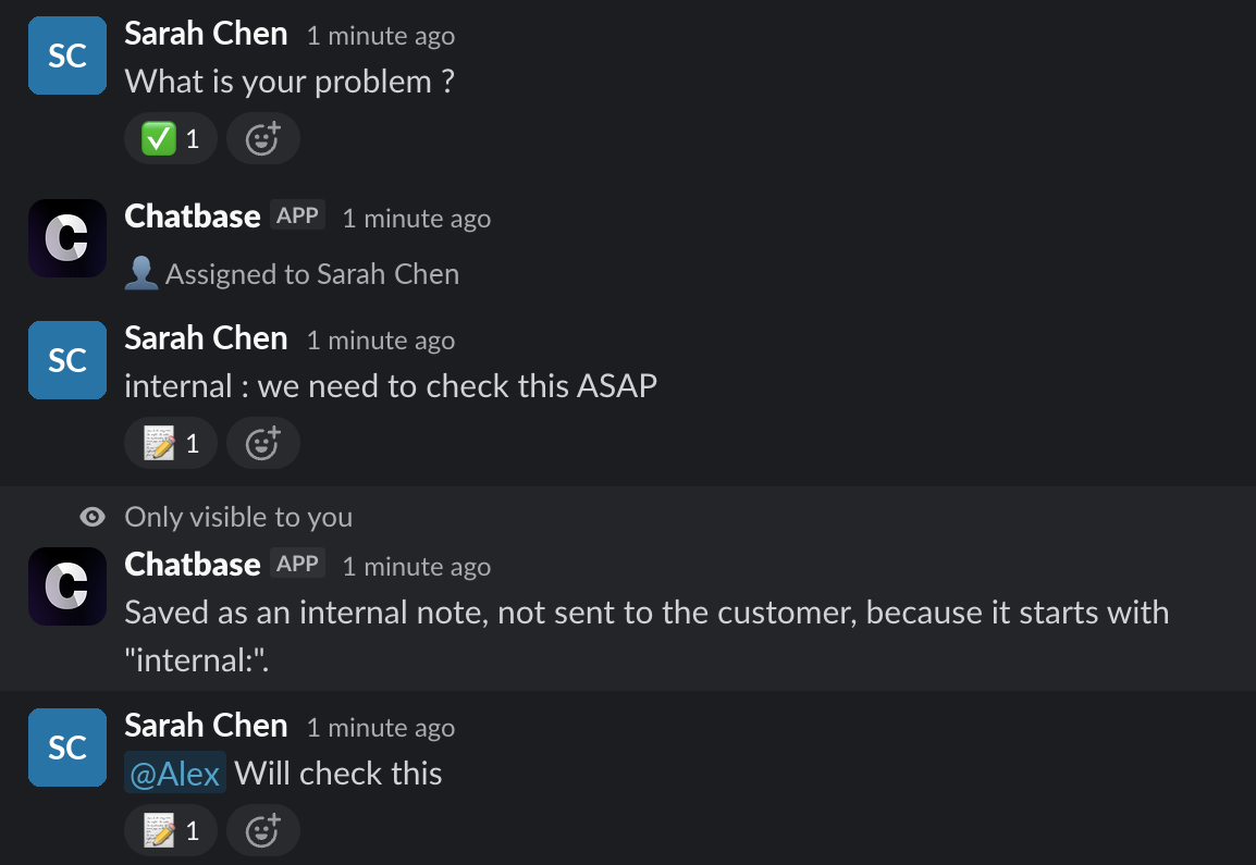 Thread messages marked with ✅ for a reply and 📝 for internal notes