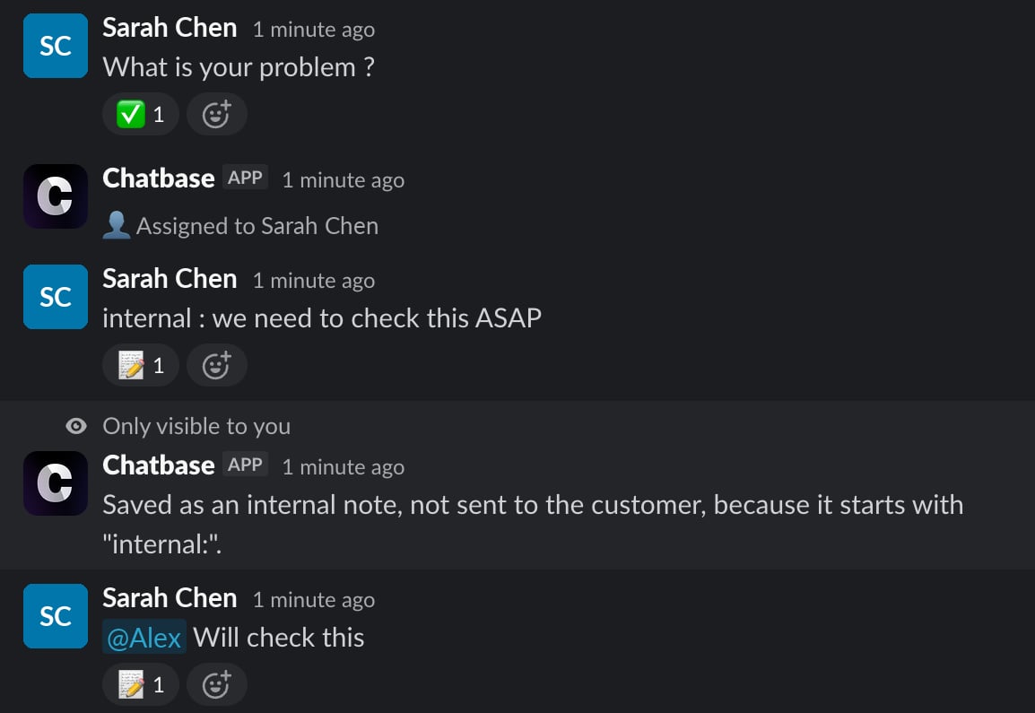 Thread messages marked with ✅ for a reply and 📝 for internal notes