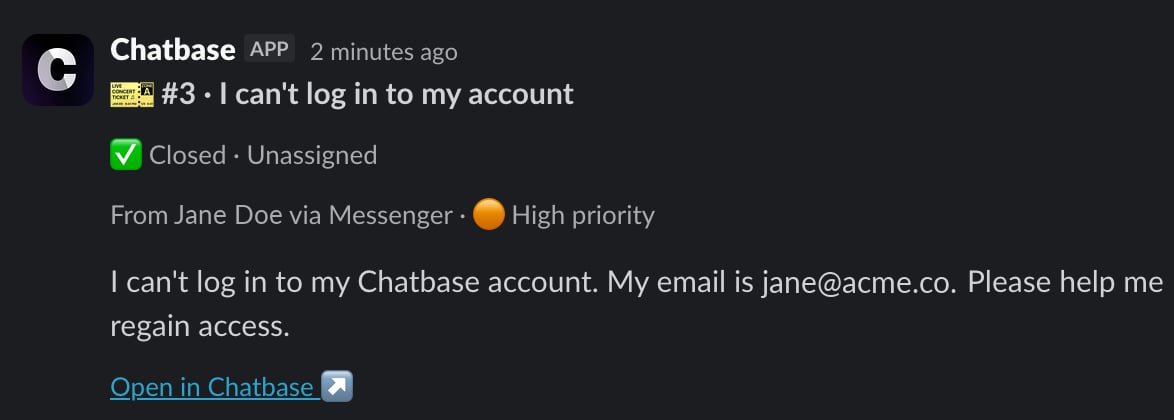 A closed ticket card in Slack with no buttons