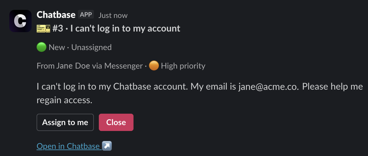 A ticket card in Slack with status, assignee, priority, summary, and buttons