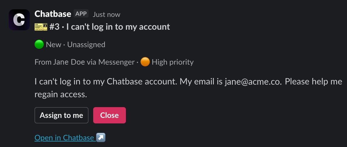 A ticket card in Slack with status, assignee, priority, summary, and buttons