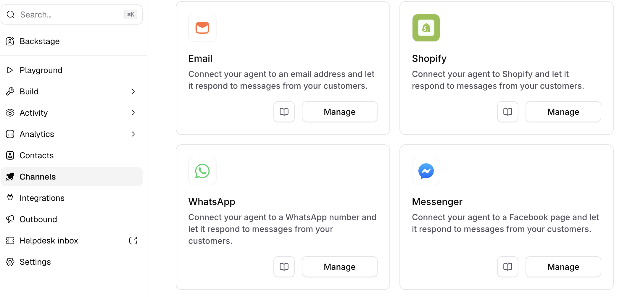 The Manage button on the Shopify card