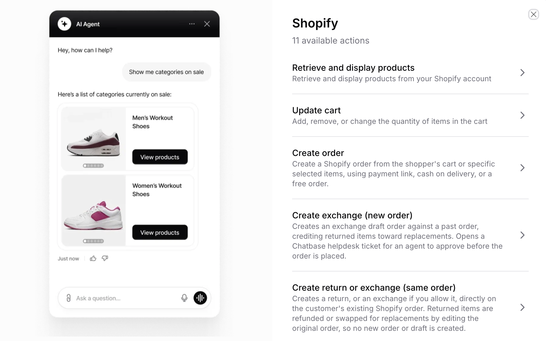 The first half of the Shopify actions list: Retrieve and display products, Update cart, Create order, Create exchange, and Create return or exchange