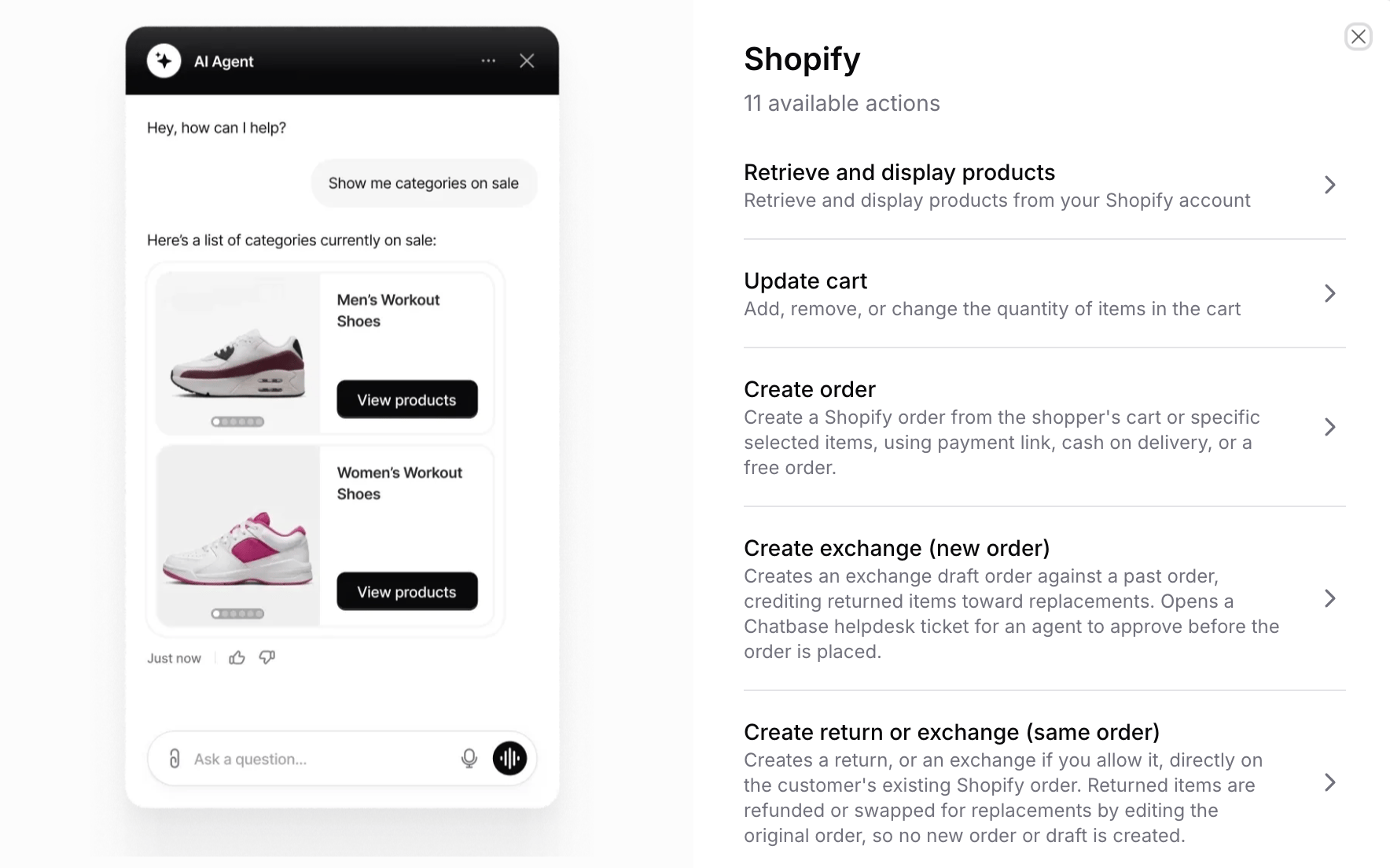 The first half of the Shopify actions list: Retrieve and display products, Update cart, Create order, Create exchange, and Create return or exchange