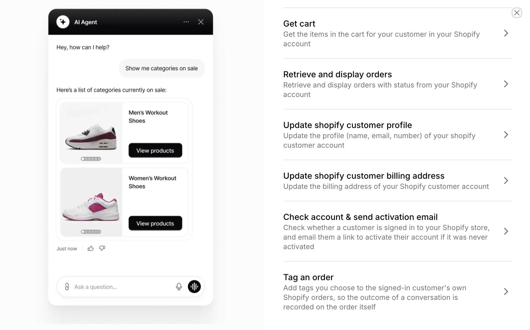 The second half of the Shopify actions list: Get cart, Retrieve and display orders, Update customer profile, Update billing address, Check account, and Tag an order