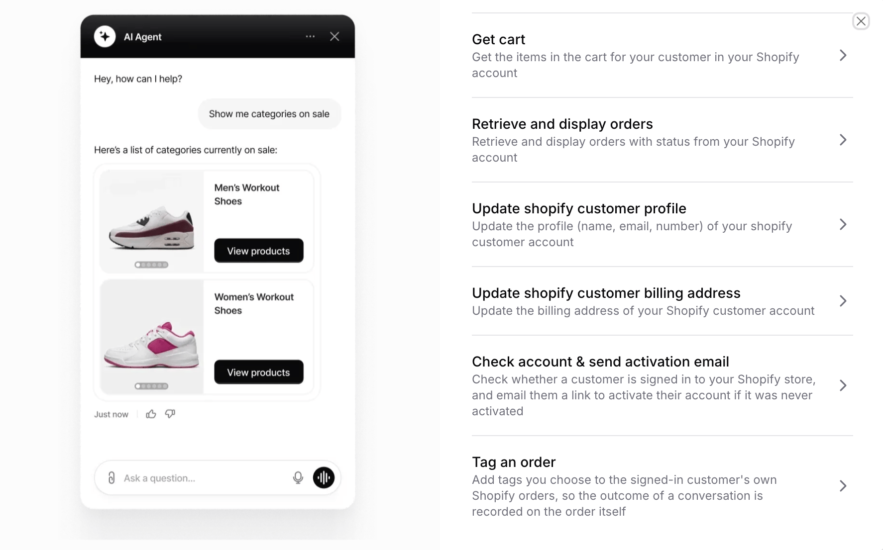 The second half of the Shopify actions list: Get cart, Retrieve and display orders, Update customer profile, Update billing address, Check account, and Tag an order