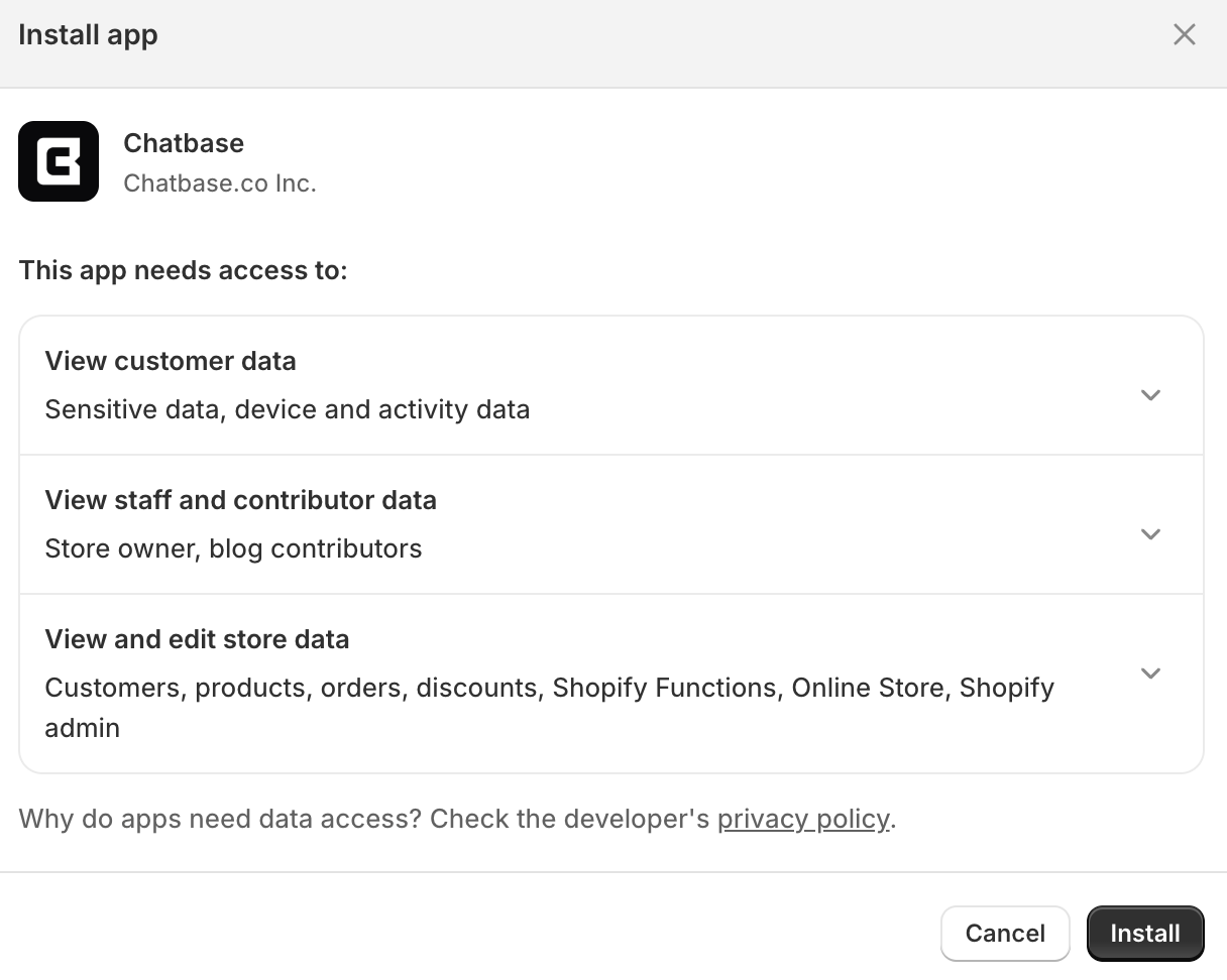 The Shopify Install app dialog listing the permissions Chatbase needs