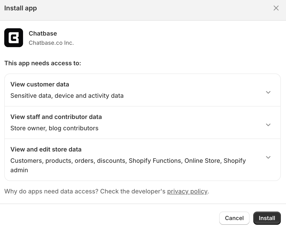 The Shopify Install app dialog listing the permissions Chatbase needs