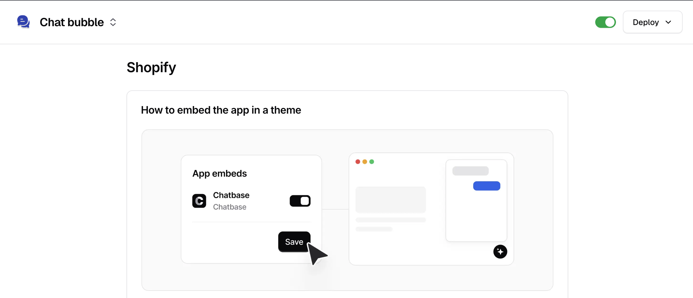 The Shopify manage page with the toggle switched on at the top right