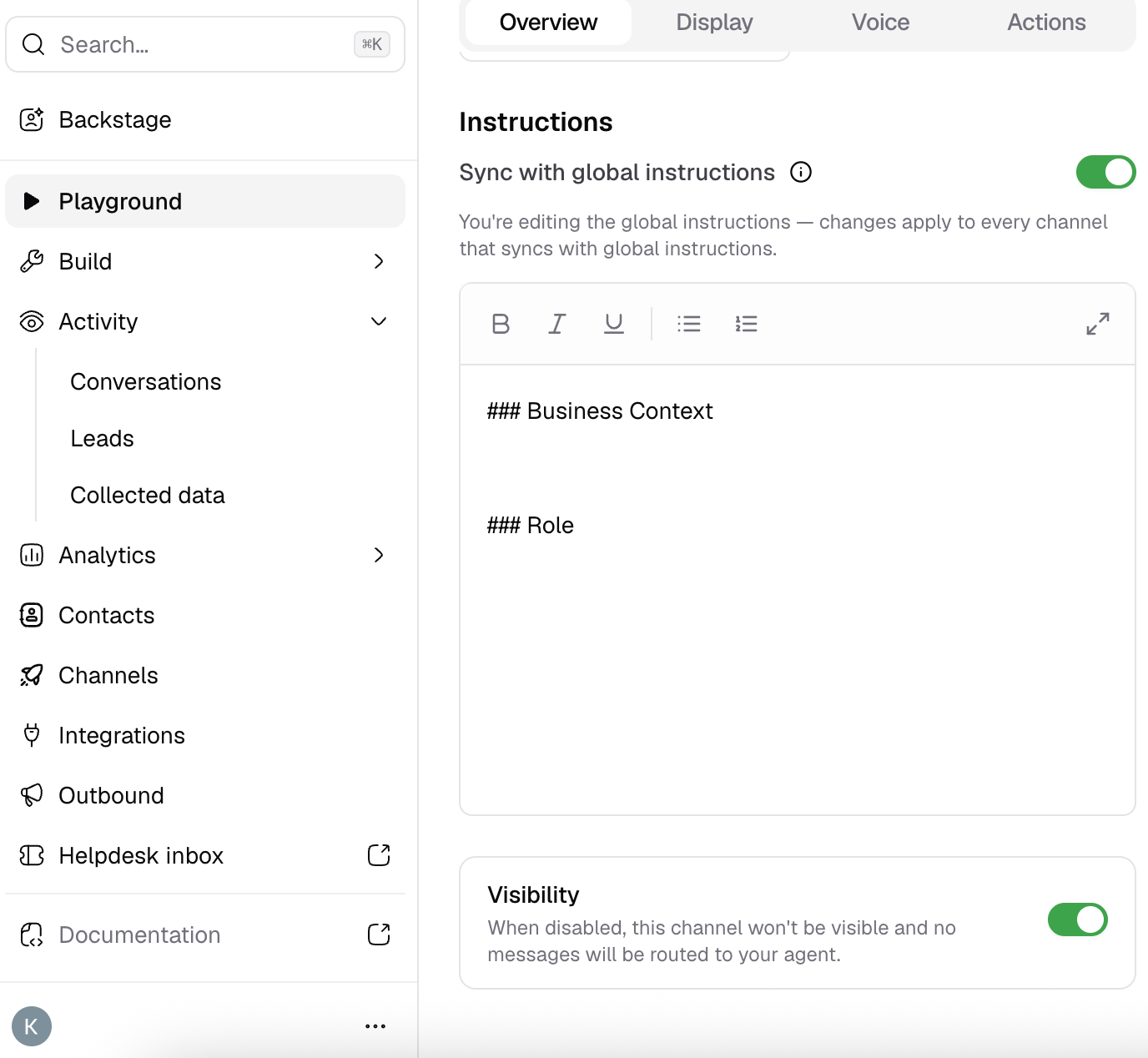 The Visibility toggle in the Chat bubble Overview tab