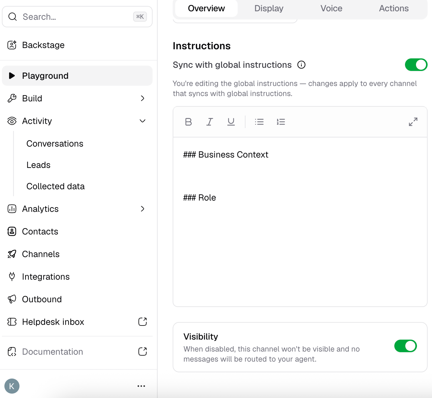 The Visibility toggle in the Chat bubble Overview tab