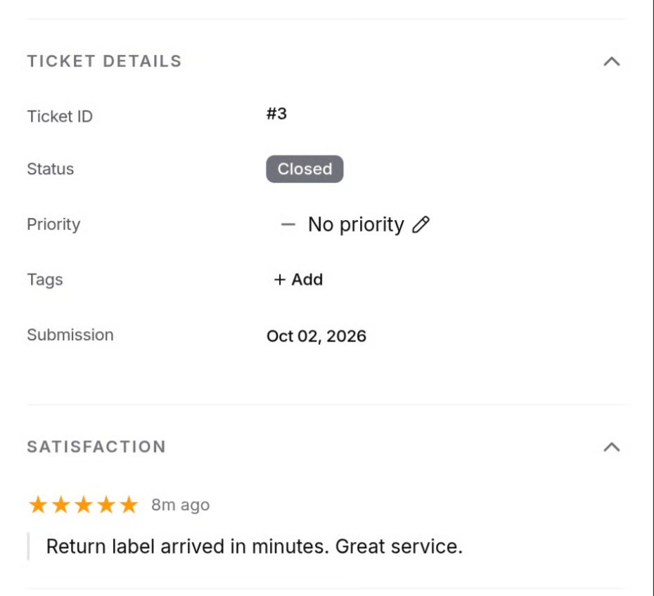 The ticket details panel with the Satisfaction section showing a five-star rating and the comment