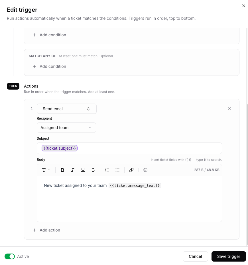 Send email action with recipient, subject, and body fields