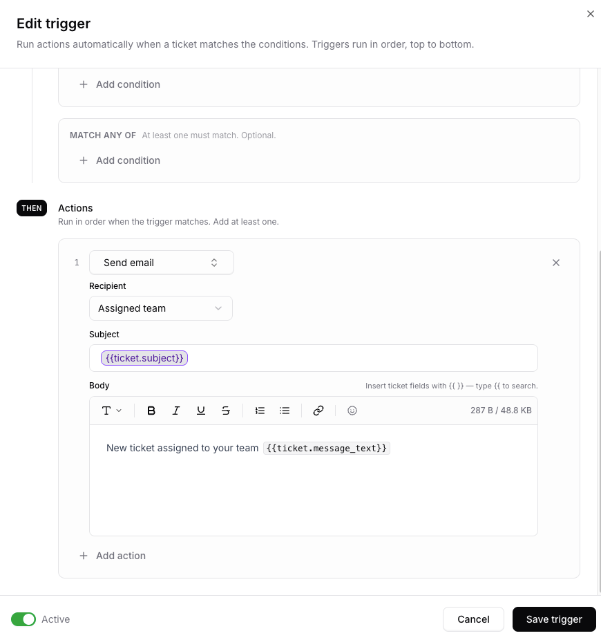 Send email action with recipient, subject, and body fields