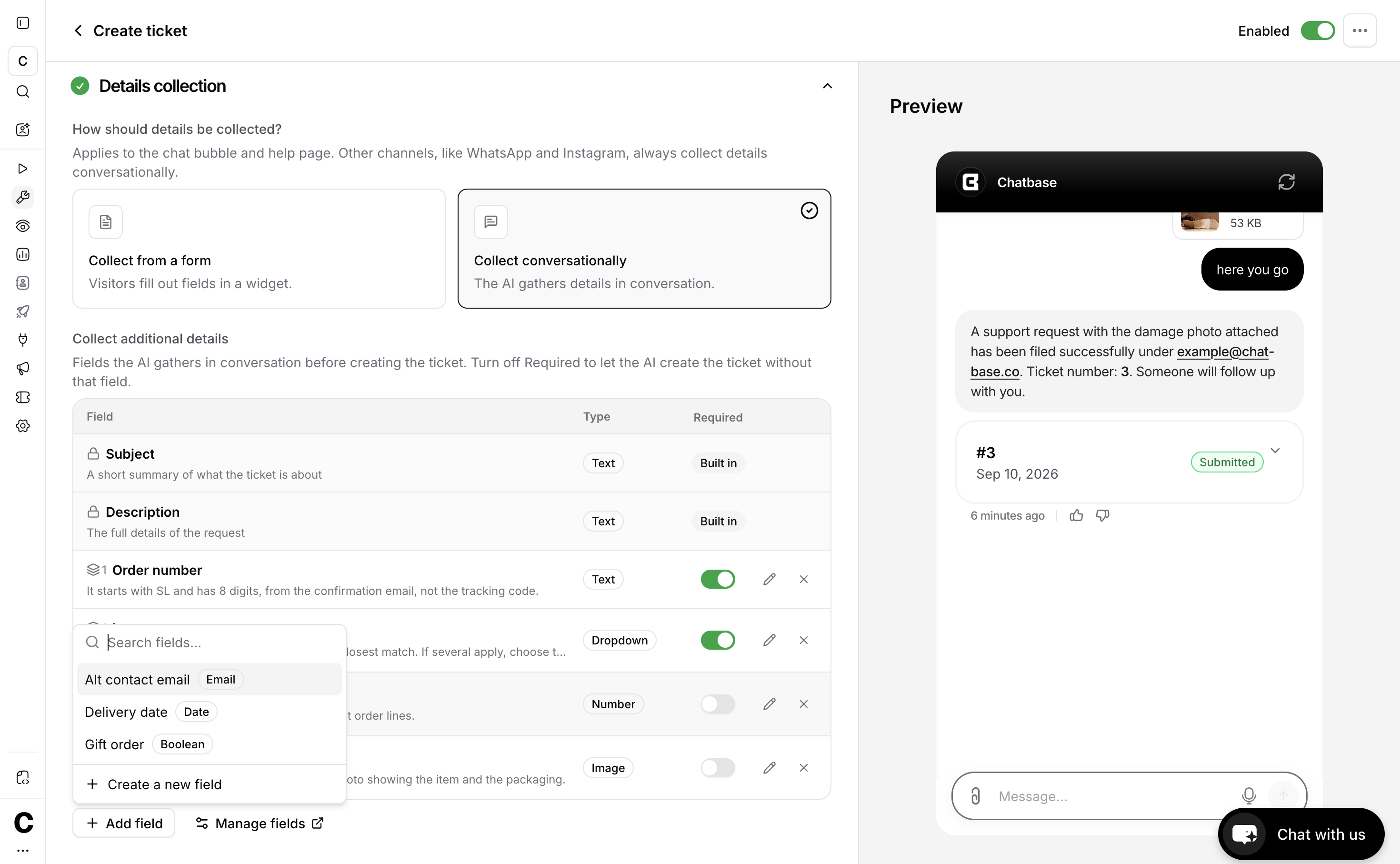 Create ticket action showing the collected fields with the Required toggle