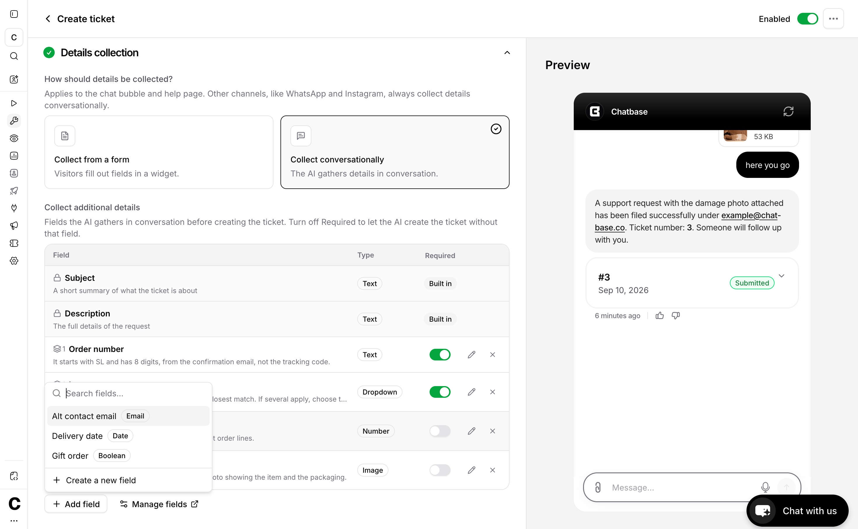 Create ticket action showing the collected fields with the Required toggle