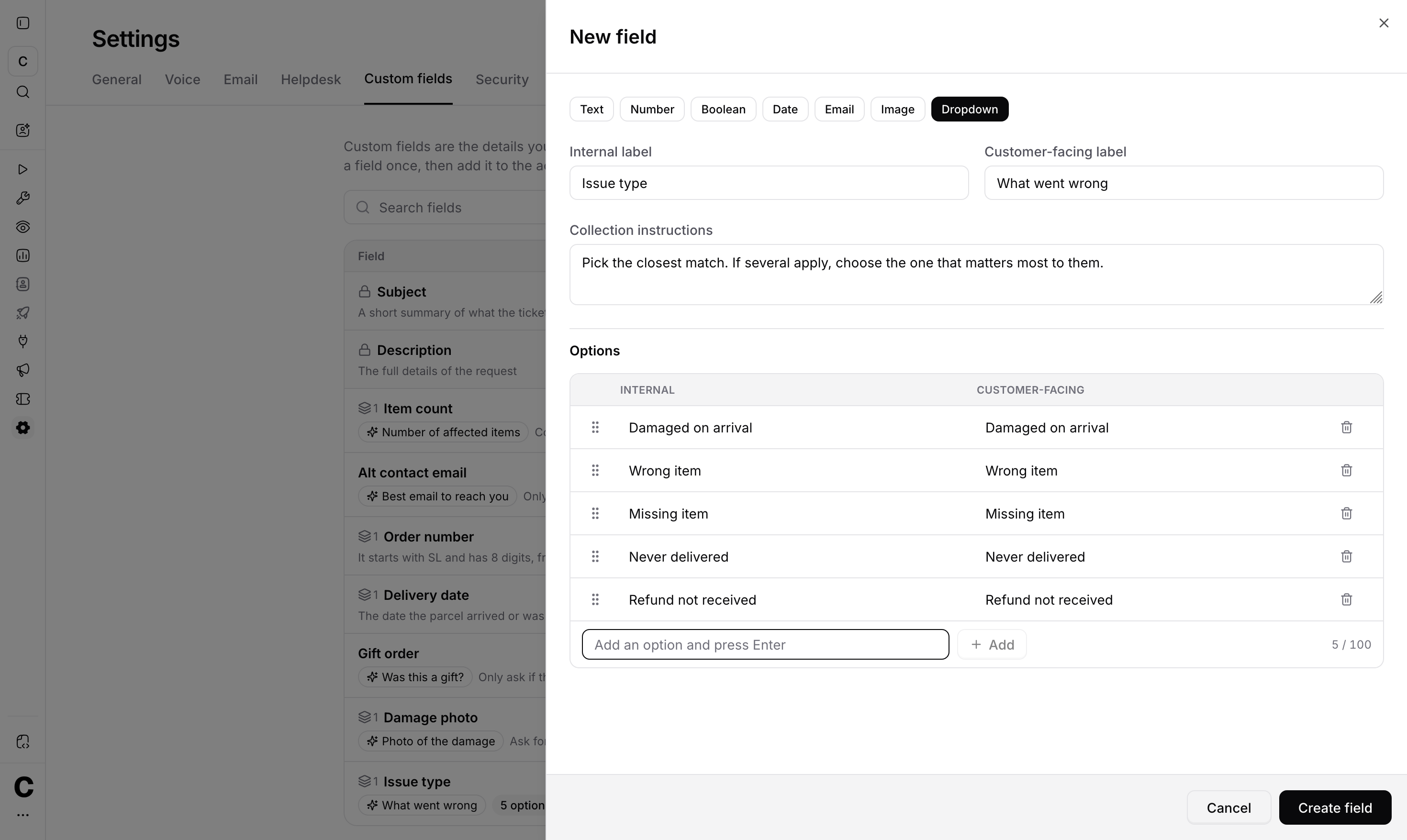 New field sheet with the type row, both labels, a collection instruction and dropdown options