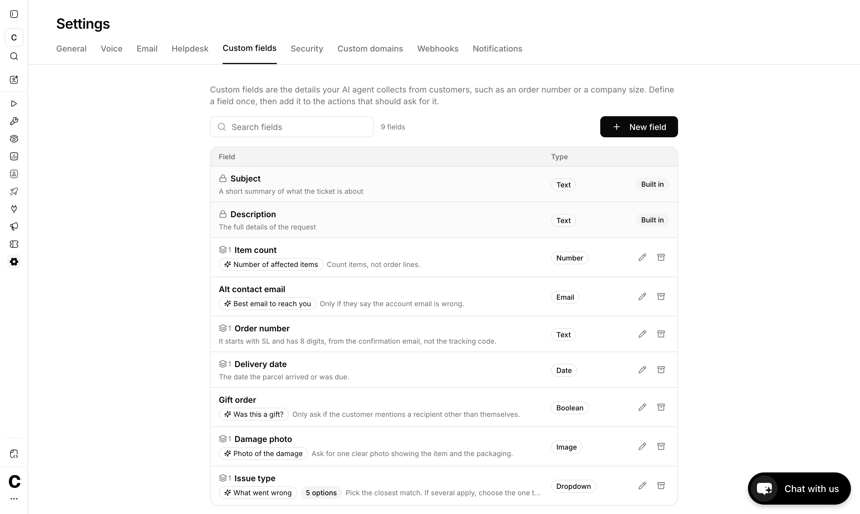 Custom fields settings listing fields with their labels, instructions and types