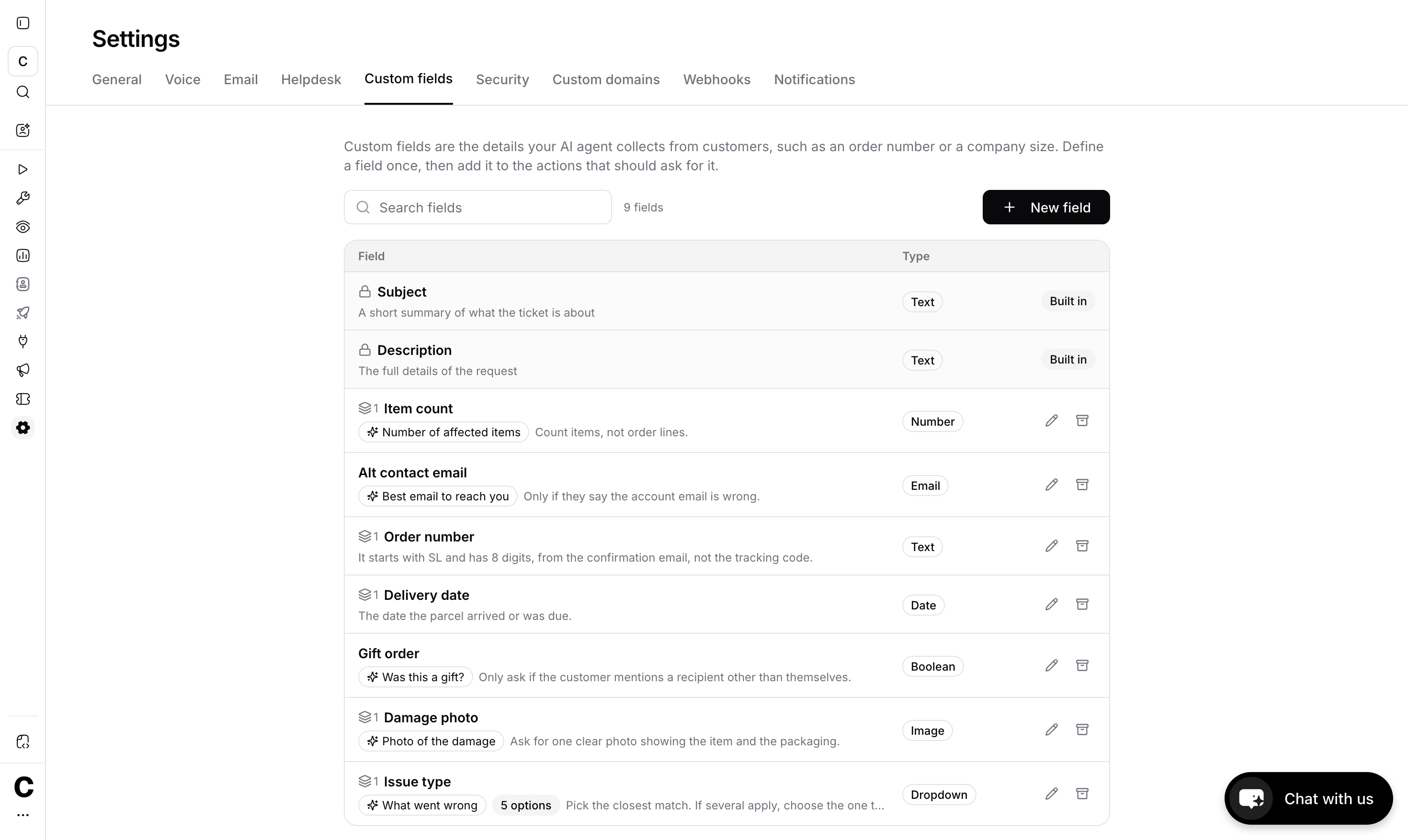 Custom fields settings listing fields with their labels, instructions and types