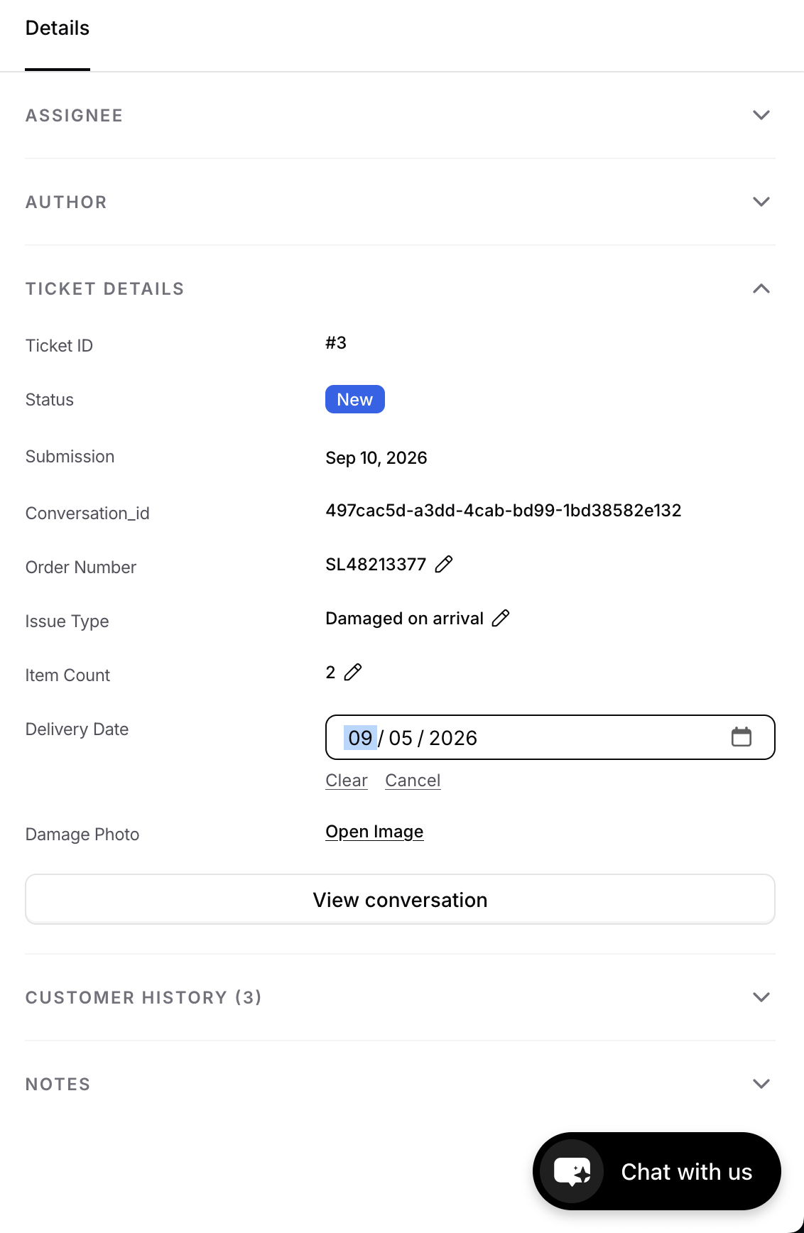 Ticket details panel showing collected field values with inline editing