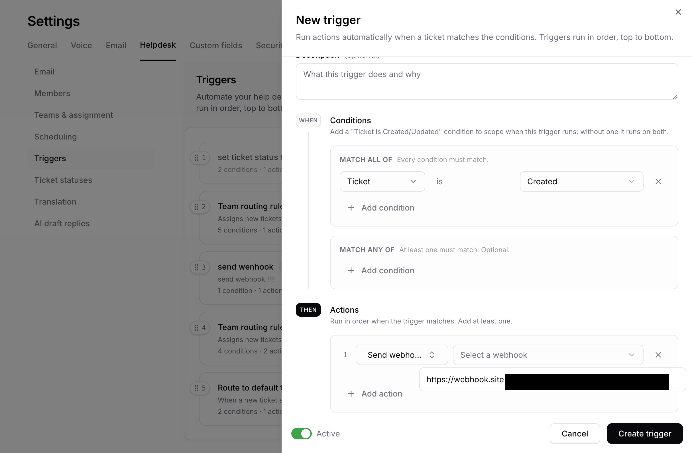 Send webhook action selecting a saved webhook connection