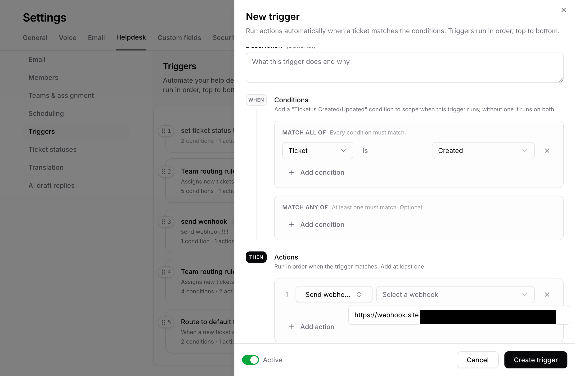 Send webhook action selecting a saved webhook connection