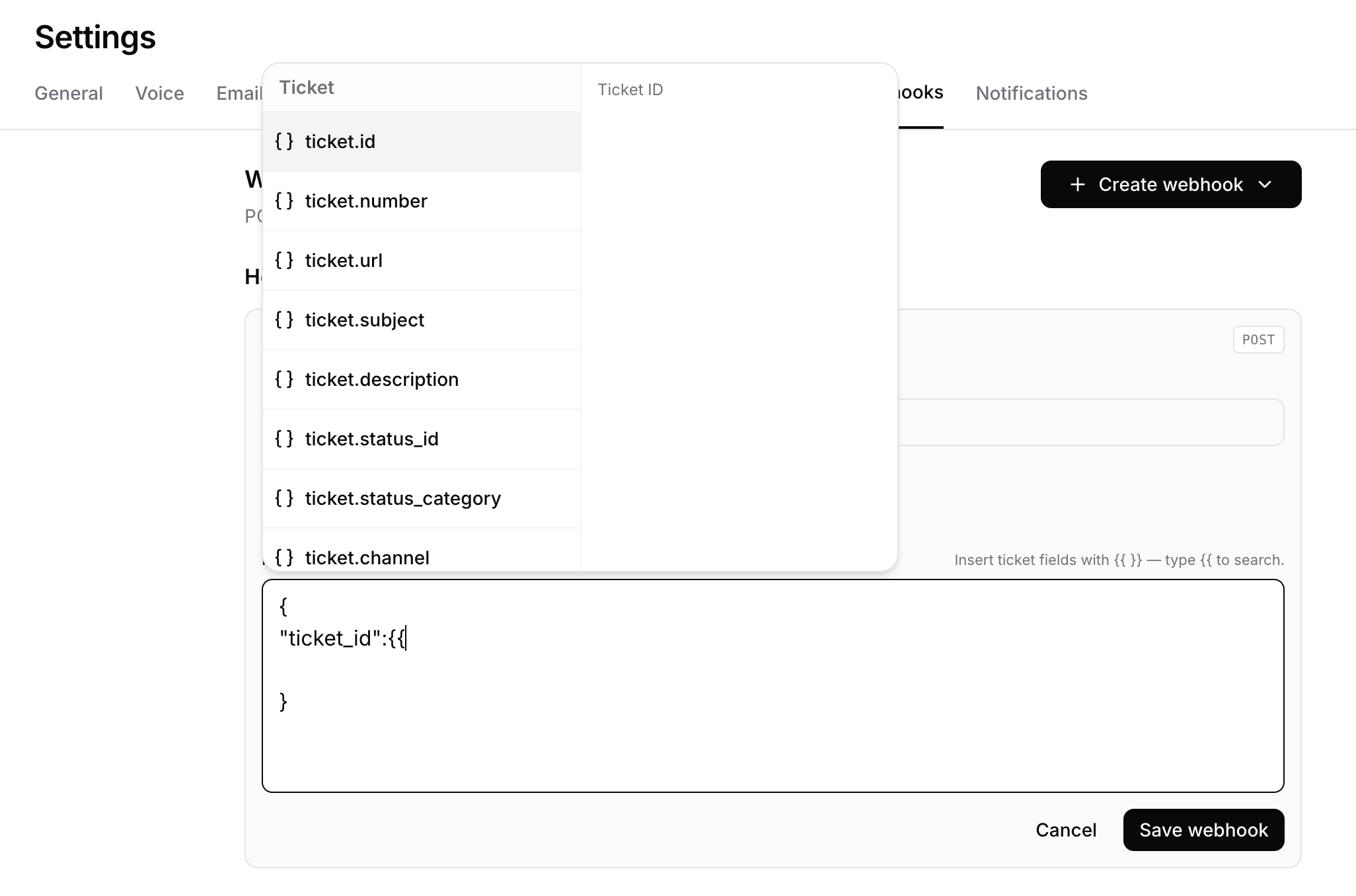 Webhooks configuration page with endpoint, headers, and request body