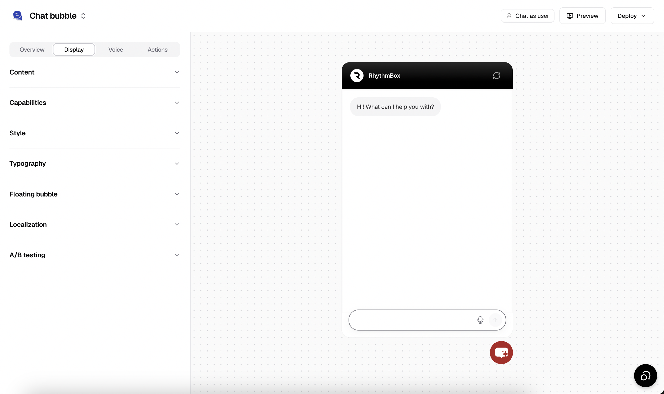 The Display tab content settings for the chat bubble