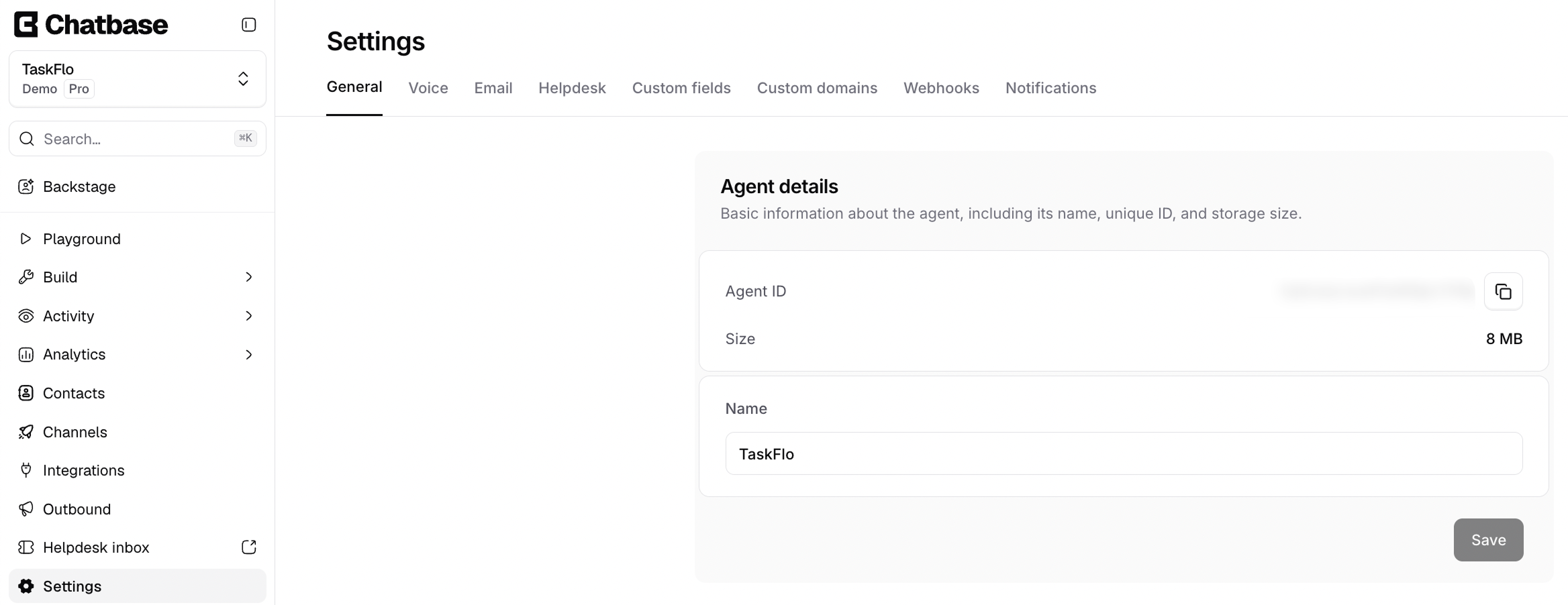 Locating the Agent ID in the Chatbase dashboard