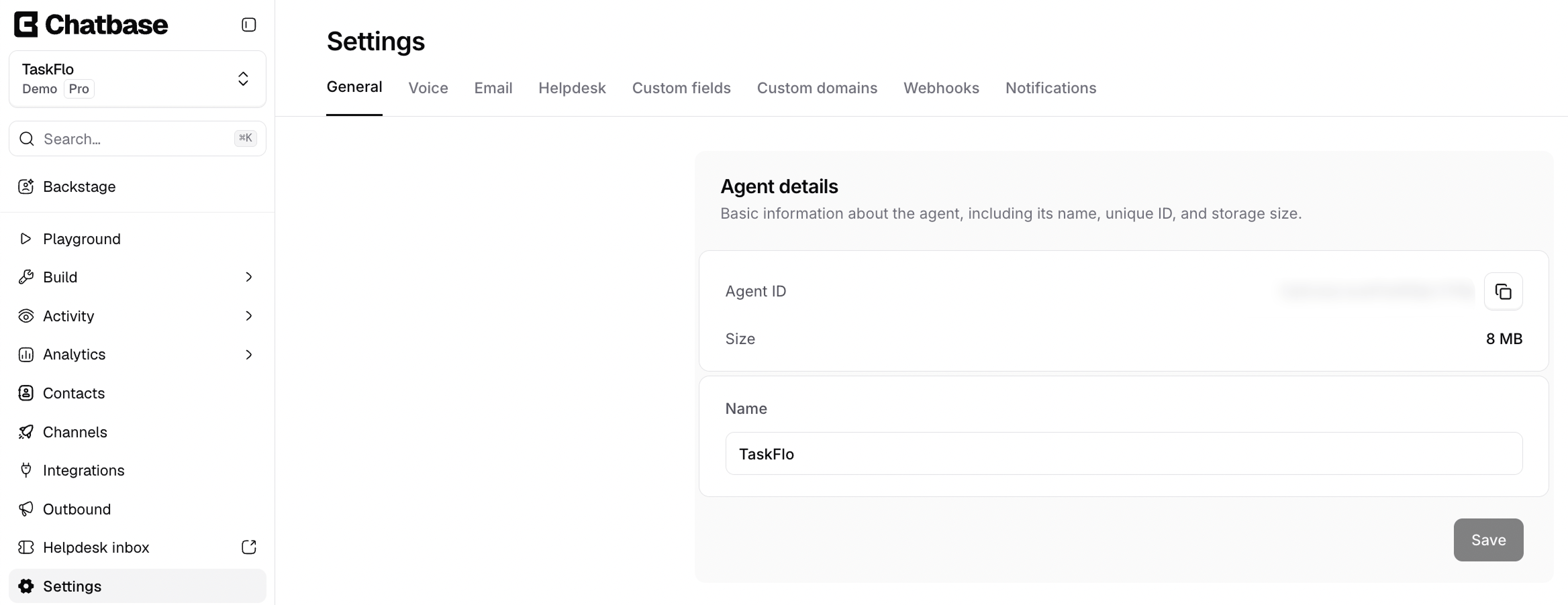 Locating the Agent ID in the Chatbase dashboard
