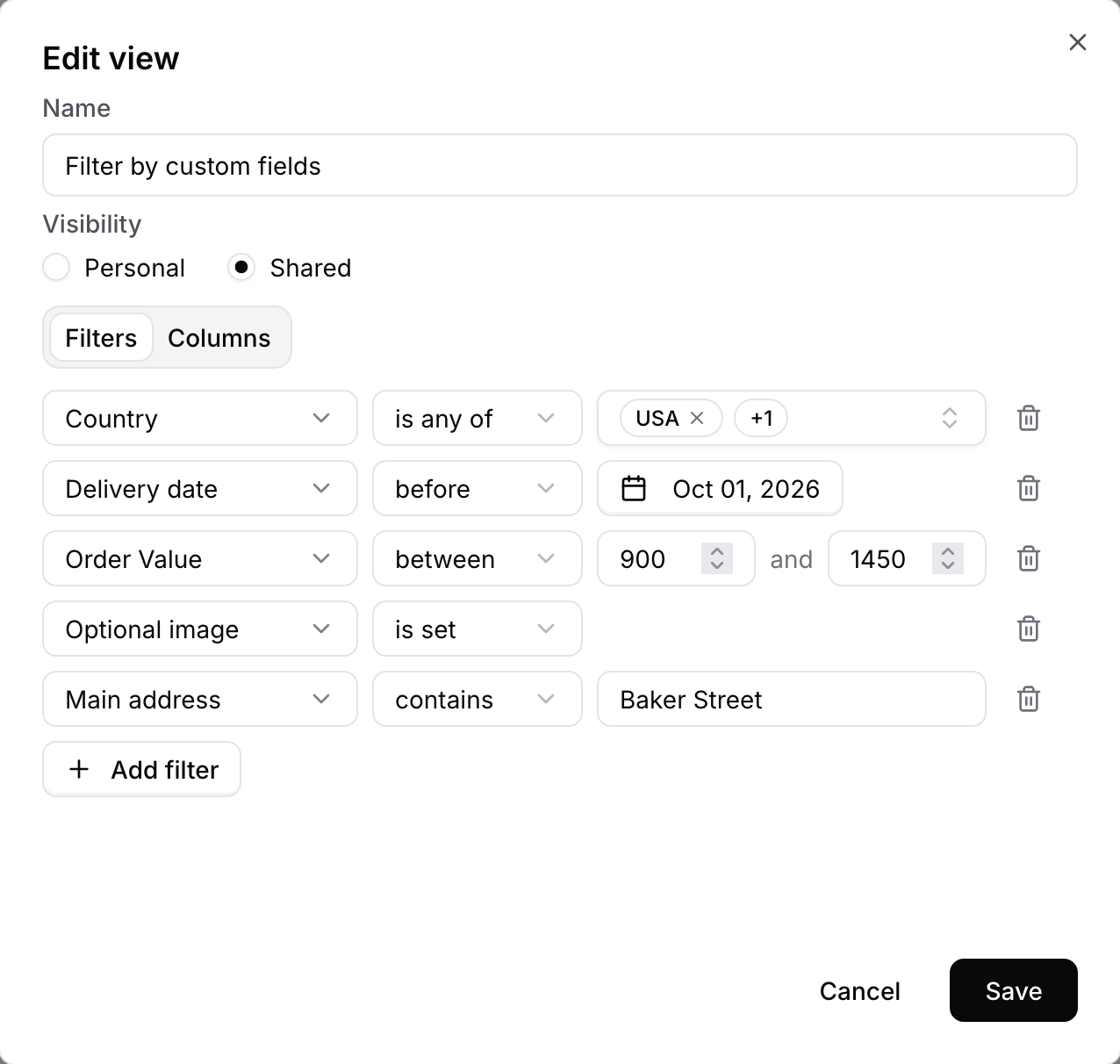 Saved view filters on five custom fields: a Dropdown, a date, a number range, an image and a text field