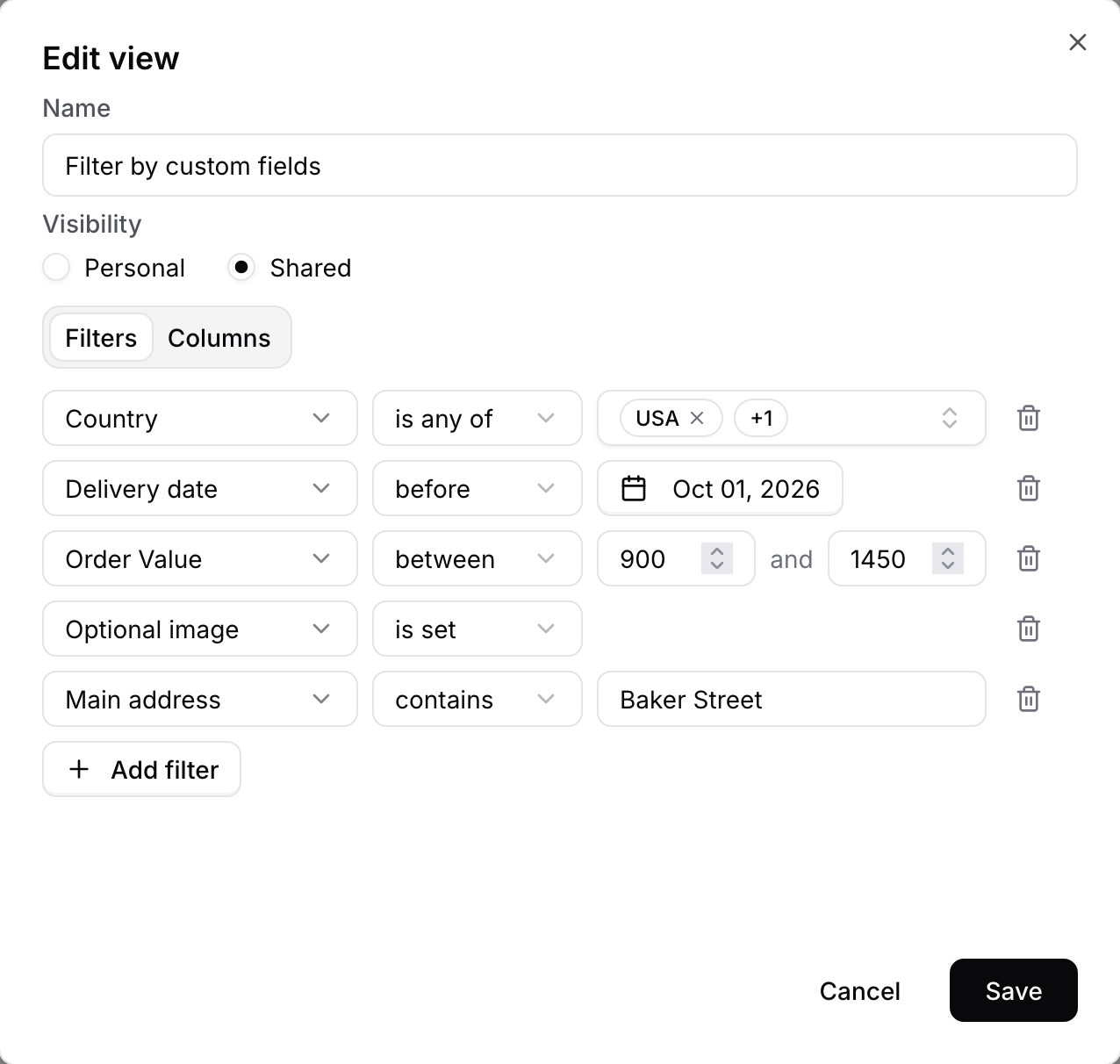 Saved view filters on five custom fields: a Dropdown, a date, a number range, an image and a text field