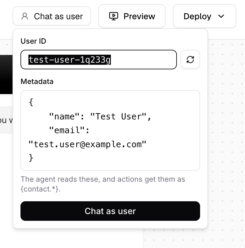 The Chat as user panel with a User ID and metadata for the test user